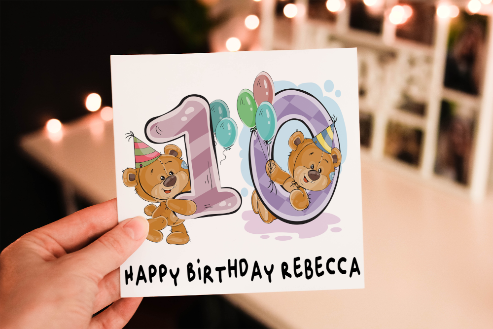 Teddy 10th Birthday Card, Card for 10th Birthday, Birthday Card - Click Image to Close